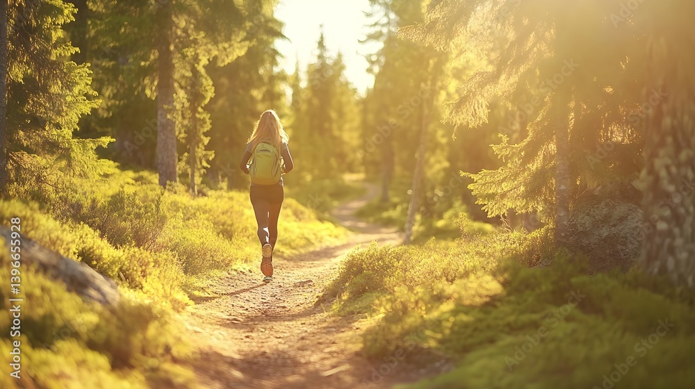 Obraz premium Young Woman Jogging on Scenic Dirt Trail in Sunlit Forest