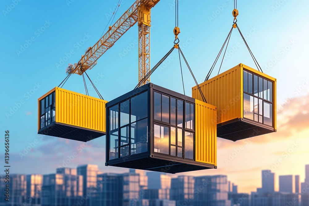 Crane trucks transporting mobile office buildings and container site offices for construction site installation, aiding in project mobilization