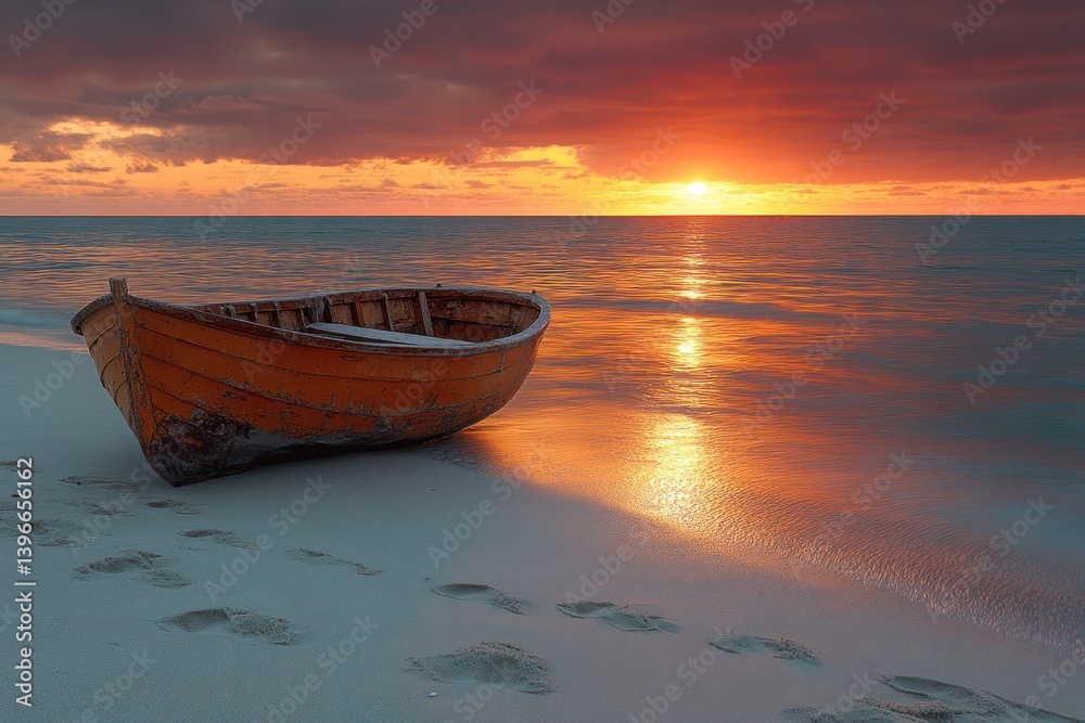 Tranquil Golden Sunset Beach Scene with Rowboat on Sand, Serene Glow Reflecting on Ocean Waves, Calm Horizon with Copy Space