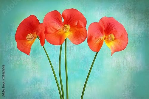 Three vibrant red flowers with yellow centers displayed gracefully on stems