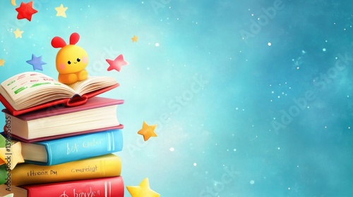 Cute Plush Reading Book on Stack of Colorful Books with Stars