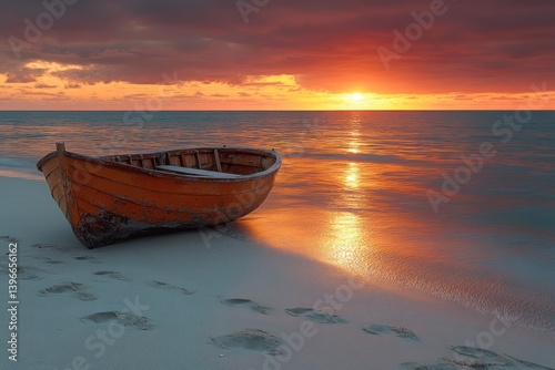 Obraz na płótnie Tranquil Golden Sunset Beach Scene with Rowboat on Sand, Serene Glow Reflecting on Ocean Waves, Calm Horizon with Copy Space w salonie