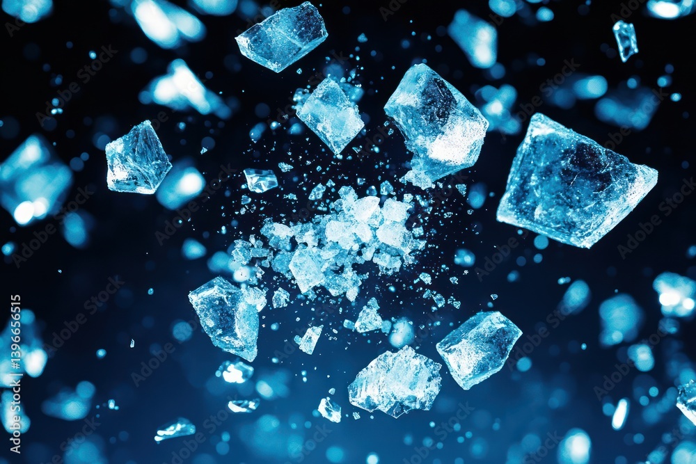 Scattered Crushed Ice on Dark Background, Motion of Ice Pieces Dispersing