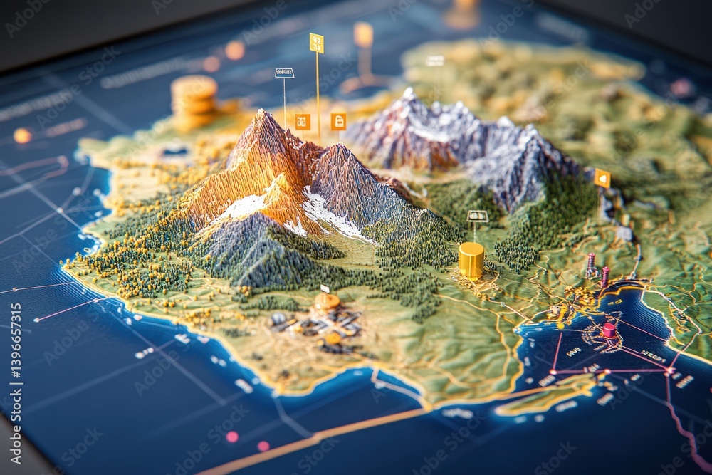 Topographic Height Map Geology Survey: Abstract Geographic Resource with Mountains - 3D Rendering