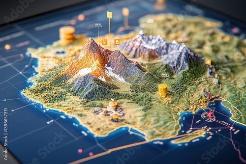 Obraz na płótnie Topographic Height Map Geology Survey: Abstract Geographic Resource with Mountains - 3D Rendering w salonie
