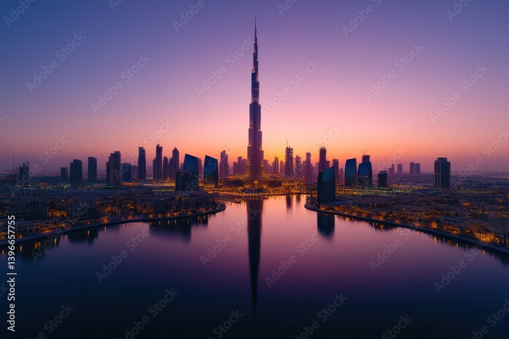 Dubai, UAE: Panoramic view of the new canal and downtown skyscrapers