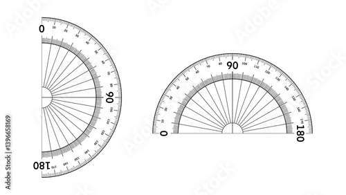 Protractor measuring angles in geometry, One is oriented vertically and the other horizontally, both marked clearly from 0 to 180 degrees with detailed lines and numbers, educational, math, science