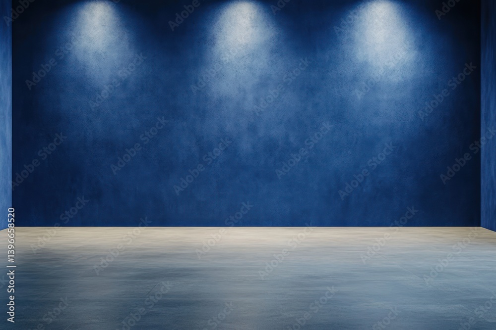 Minimalist Dark Blue Studio Background with Concrete Floor and Soft Blue Lighting for Product Display and Text Presentation in Empty Room