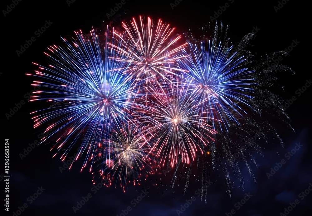 Vibrant fireworks exploding in the night sky, illuminating with red and blue colors. Vibrant fireworks exploding in the night sky, illuminating with red and blue colors.