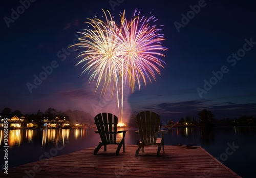 Two chairs on a dock facing colorful fireworks over a serene lake at night.