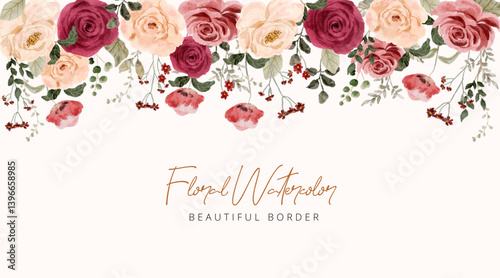 red pink peach beautiful floral watercolor border; floral watercolor header