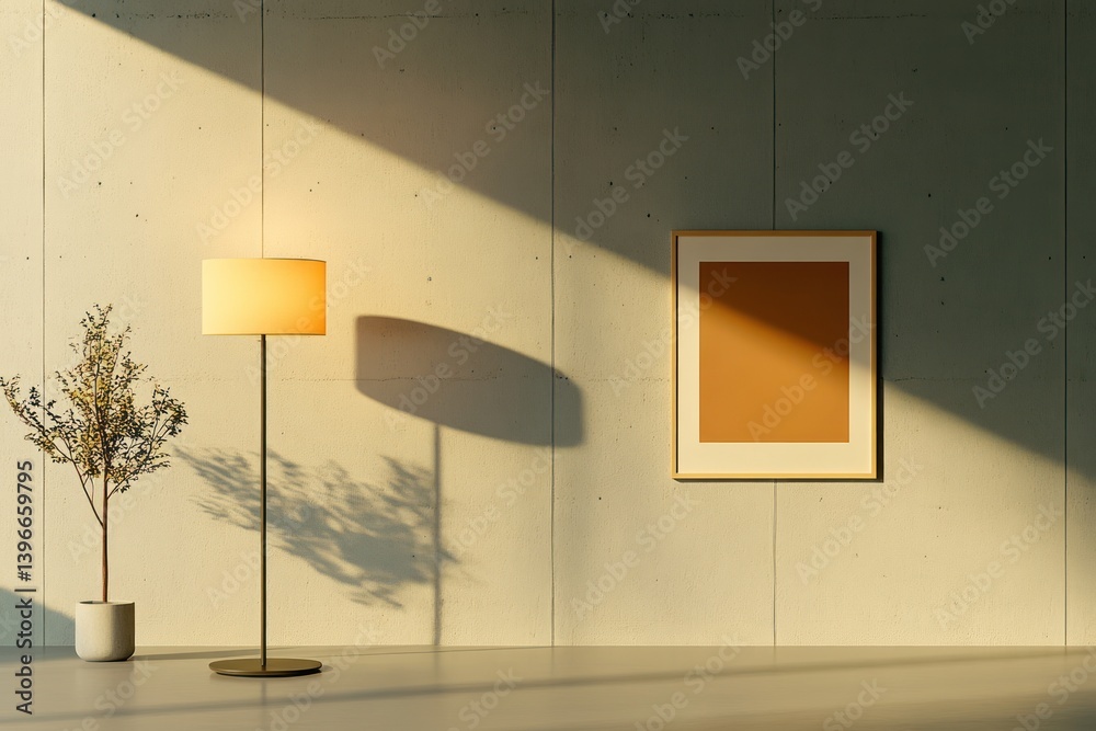 Modern Floor Lamp and Artistic Posters Against Concrete Wall - 3D Rendering
