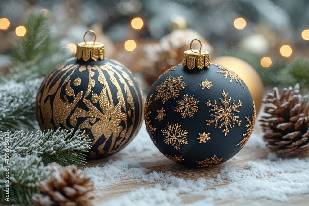 German Christmas Greeting Card with Golden and Black Ornaments on Table Texture