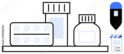 Bottles, blister pack, dropper, and small storefront. Ideal for healthcare, pharmacy, medication, online shopping e-commerce convenience telemedicine. Flat simple metaphor