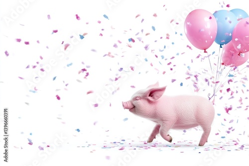 Colorful and Joyful Cartoon Party Pig with Air Balloons for Birthday Celebration