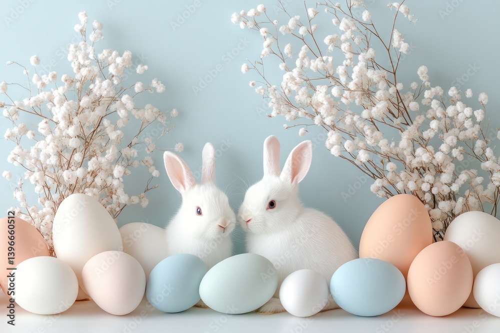 Adorable Easter Bunny Rabbits Surrounded by Colorful Painted Easter Eggs on a Table for a Fun and Festive Holiday Celebration Card