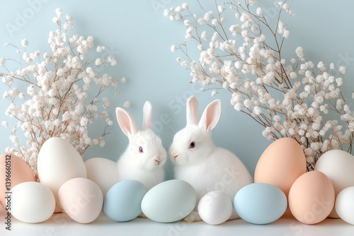 Obraz na płótnie Adorable Easter Bunny Rabbits Surrounded by Colorful Painted Easter Eggs on a Table for a Fun and Festive Holiday Celebration Card w salonie