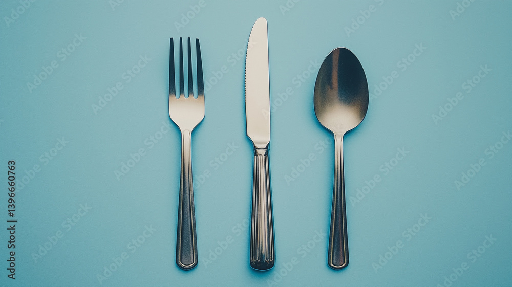 clean and minimalist set of stainless steel utensils including fork, knife, and spoon arranged neatly on light blue background, evoking sense of simplicity and elegance clean and minimalist set of stainless steel utensils including fork, knife, and spoon arranged neatly on light blue background, evoking sense of simplicity and elegance
