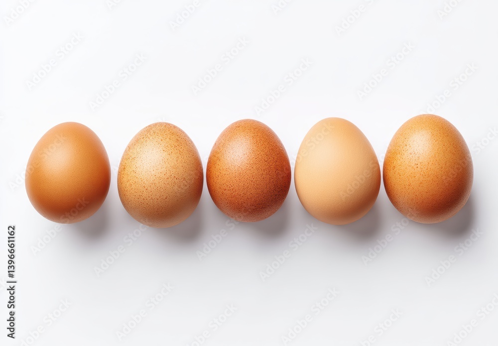 Five brown eggs in a row against a clean white background, showcasing natural simplicity. Five brown eggs in a row against a clean white background, showcasing natural simplicity.