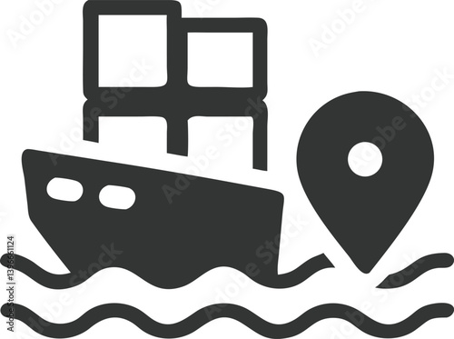 Container Ship Icon with Pin Pointer on Water, Ocean Shipping Route Sign