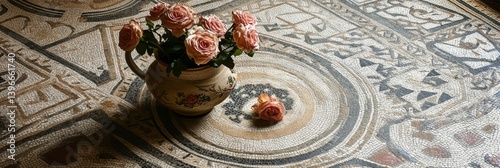 Roses in a pitcher on a patterned surface with one rose fallen.