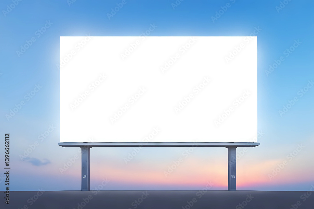 Blank white billboard on blue sky background at evening, perspective view. Mockup. Advertising concept. Blank white billboard on blue sky background at evening, perspective view. Mockup. Advertising concept.