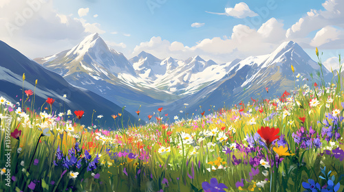 mountain, landscape, mountains, nature, sky, summer, flowers, alps, meadow, grass, flower, clouds, view, travel, spring, snow, alpine, peak, green, forest, rock, valley, hiking, field, glacier