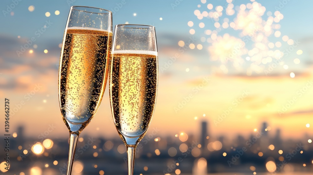 New Year Celebration Greeting Card with Golden Frame, Champagne, Clinking Glasses, Fireworks in the Night - Festive Holiday Background