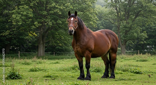 A Horse in Nature  Green Background with Trees and Natural Scenery
