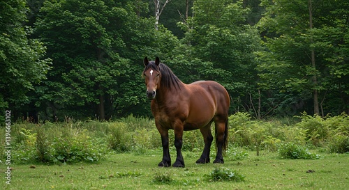 A Horse in Nature  Green Background with Trees and Natural Scenery