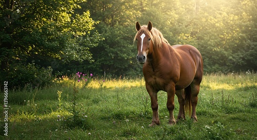 A Horse in Nature  Green Background with Trees and Natural Scenery