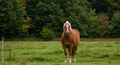 A Horse in Nature  Green Background with Trees and Natural Scenery