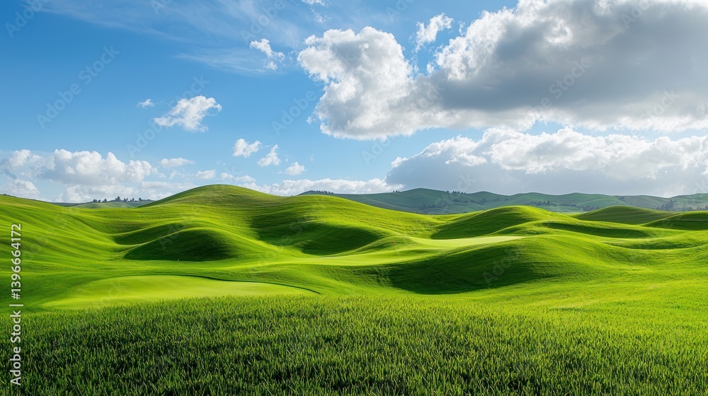 Fototapeta premium A golf course with rolling green hills under a bright blue sky.