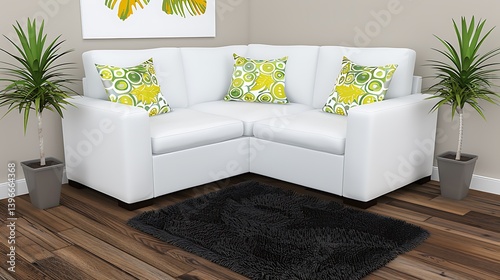 White corner sofa with green and yellow patterned cushions and a black rug. photo