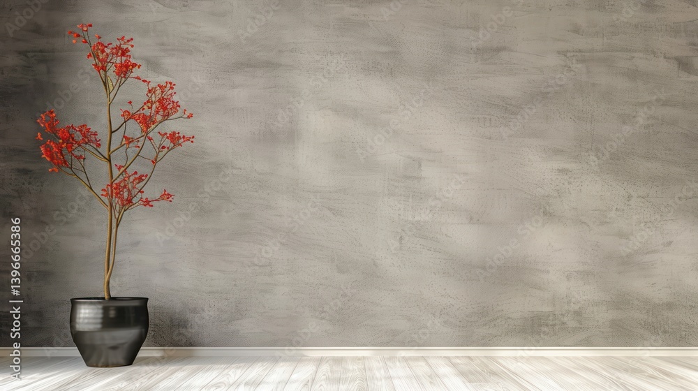 Modern interior with stucco wall and red plant in pot - 3D rendering of contemporary room design with textured background