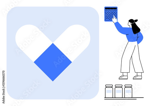 Pill heart icon symbolizes healthcare. Woman calculates costs using a calculator near medicine bottles. Ideal for health, medicine, finance, calculation, pharmacy, savings planning. Flat simple