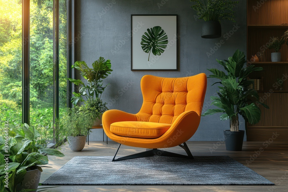 Modern Living Room with Orange Armchair and Poster, 3D Render