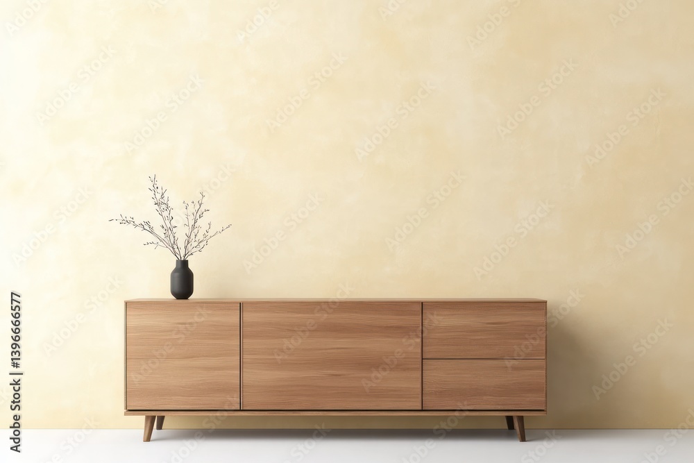 Modern Living Room with Sideboard and Beige Wall, Contemporary Home Design with Mock Up Paneling, 3D Rendering