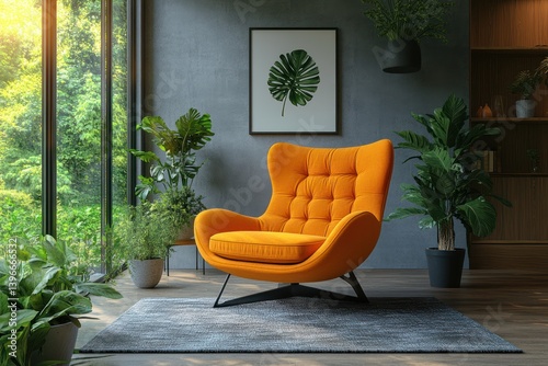 Obraz na płótnie Modern Living Room with Orange Armchair and Poster, 3D Render w salonie