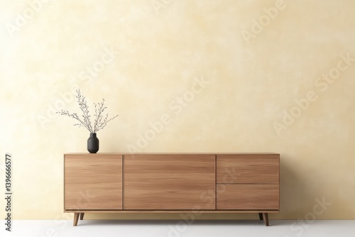 Obraz na płótnie Modern Living Room with Sideboard and Beige Wall, Contemporary Home Design with Mock Up Paneling, 3D Rendering w salonie
