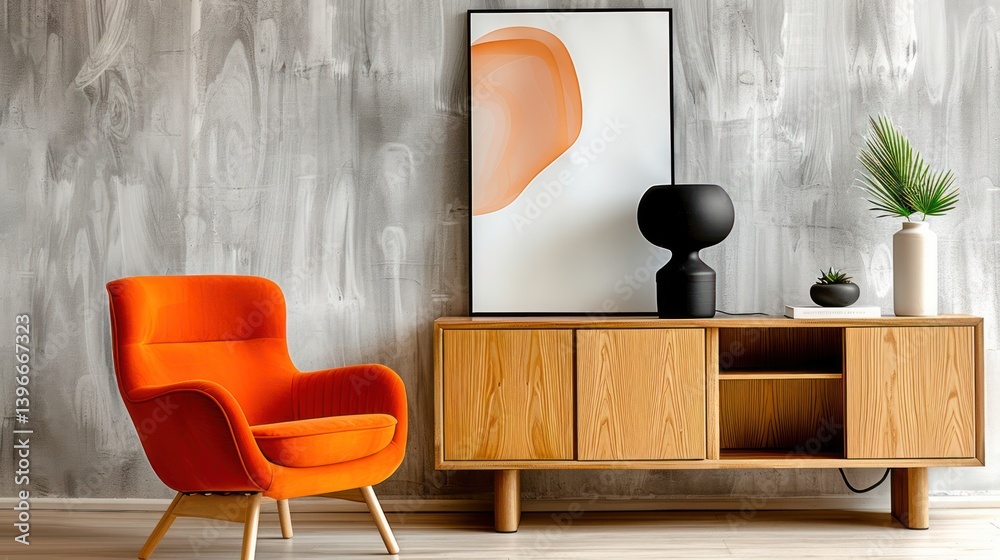 Japandi Loft Interior with Vibrant Accent Armchair and Wooden Sideboard Against Stucco Wall