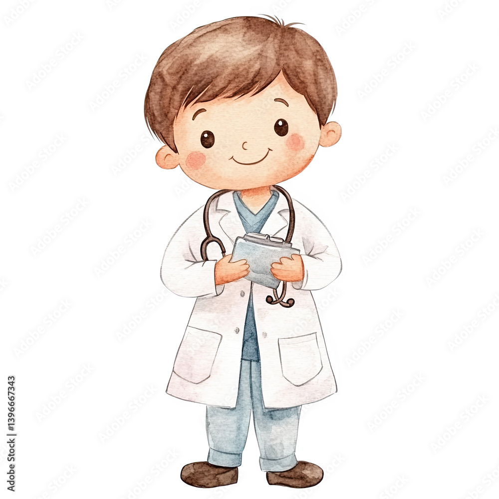Cute boy doctor character wearing a white lab coat, holding a clipboard, smiling, isolated on a white background. Cute boy doctor character wearing a white lab coat, holding a clipboard, smiling, isolated on a white background.