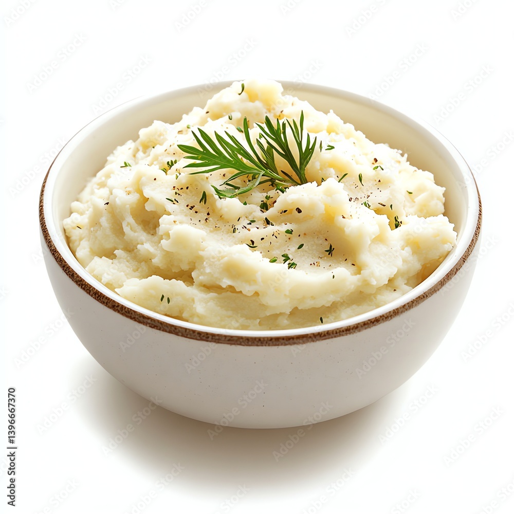 Bowl of Creamy Mashed Potatoes Topped with Dill Sprig Ready to Serve Bowl of Creamy Mashed Potatoes Topped with Dill Sprig Ready to Serve