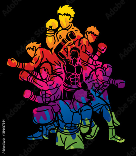 Group of Boxer Mix Action Boxing Sport Cartoon Graphic Vector