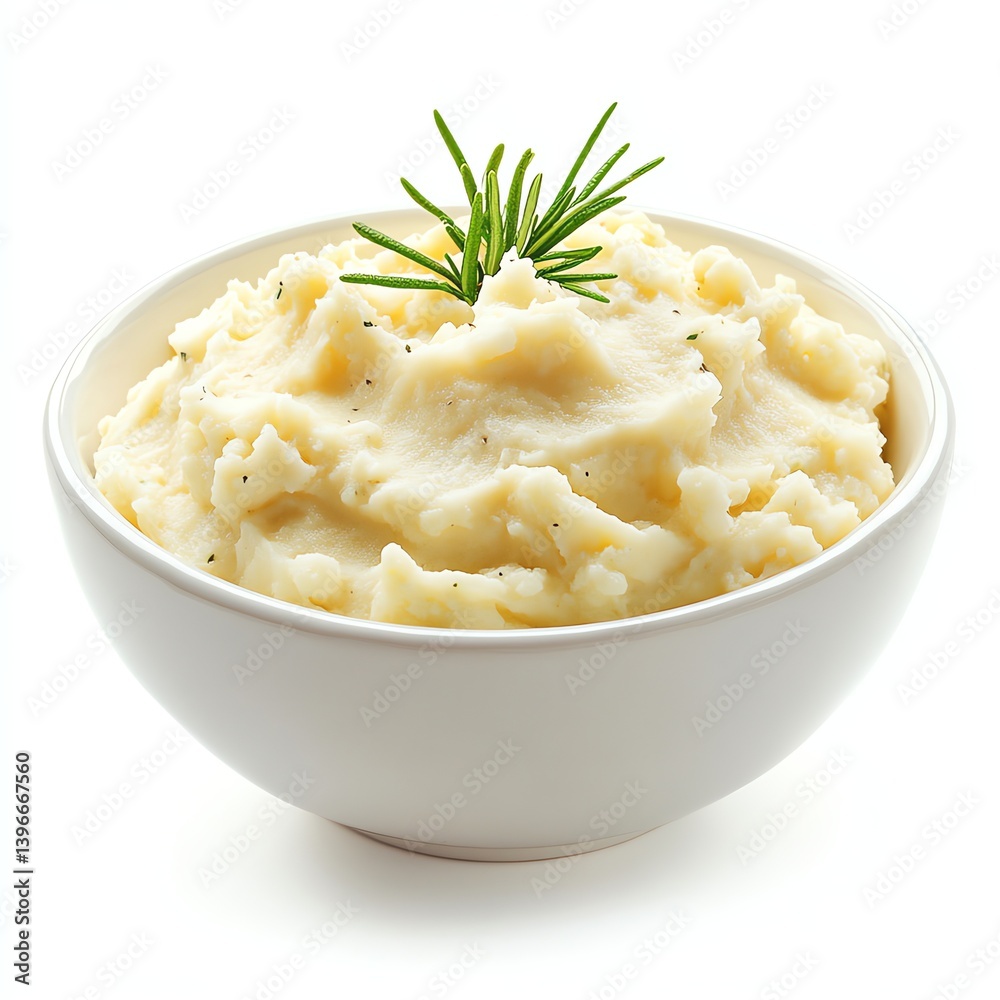 Creamy Mashed Potatoes Garnished with Rosemary in a White Bowl Creamy Mashed Potatoes Garnished with Rosemary in a White Bowl