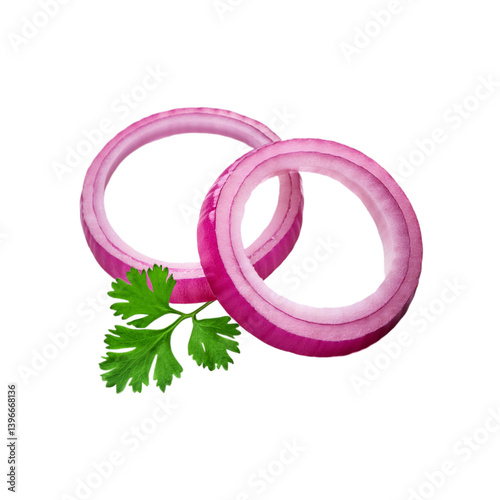 Onion rings with green coriander leaf on transparent background