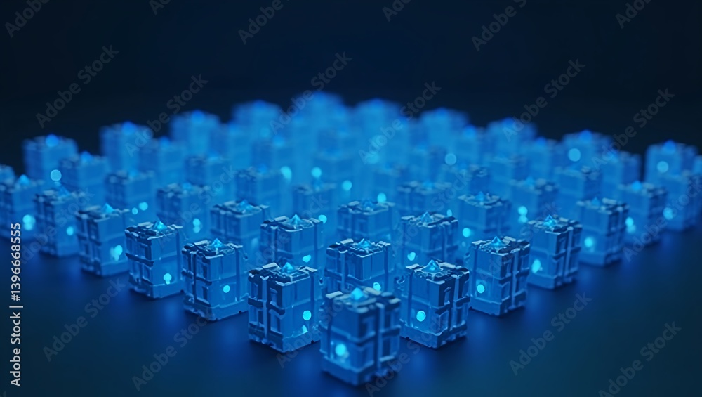Obraz premium 3D render of a large number of very small blue cubes arranged in a grid pattern glowing with a soft blue light