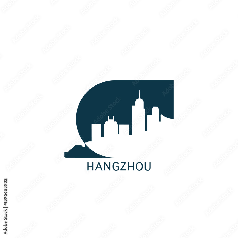 Hangzhou vector icon with skyline, panoramic view, city shape. China landmarks logo concept. Blue flat isolated graphic, badge Hangzhou vector icon with skyline, panoramic view, city shape. China landmarks logo concept. Blue flat isolated graphic, badge