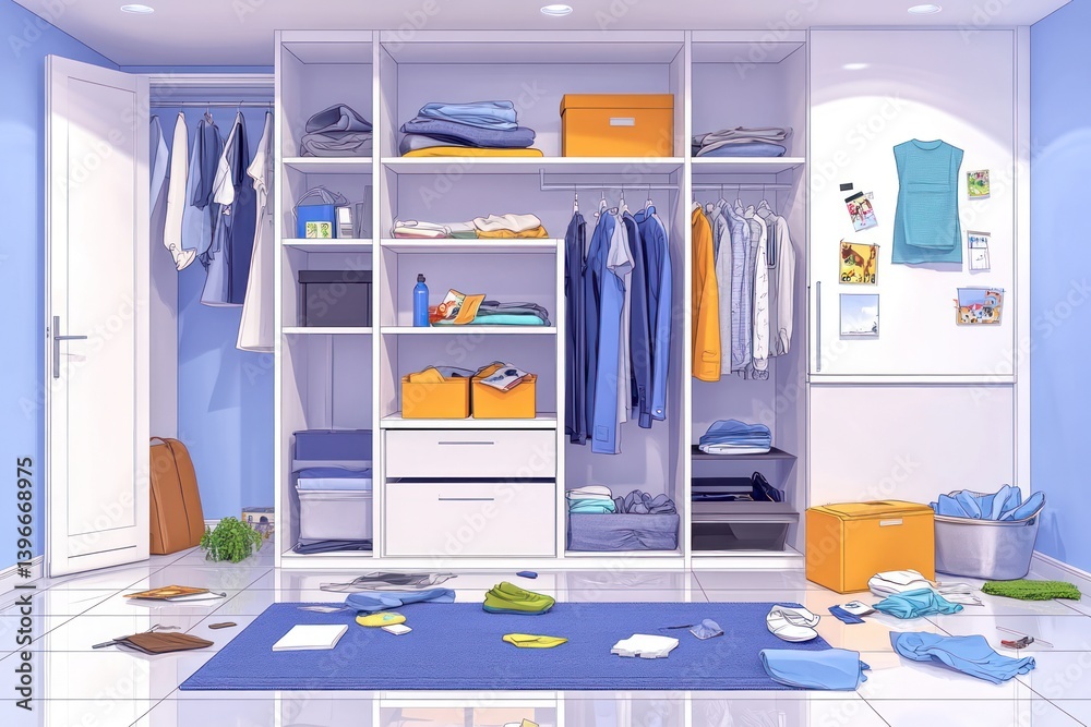 Disorganized Wardrobe Cleanup: Tidying Up Messy Closet, Organizing Clothing in Order, Neat Lifestyle Concept. Vector Illustration.