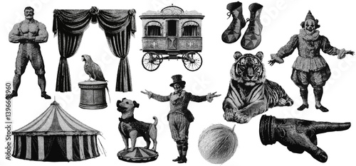 Set of circus entertainment halftone grunge vector design elements